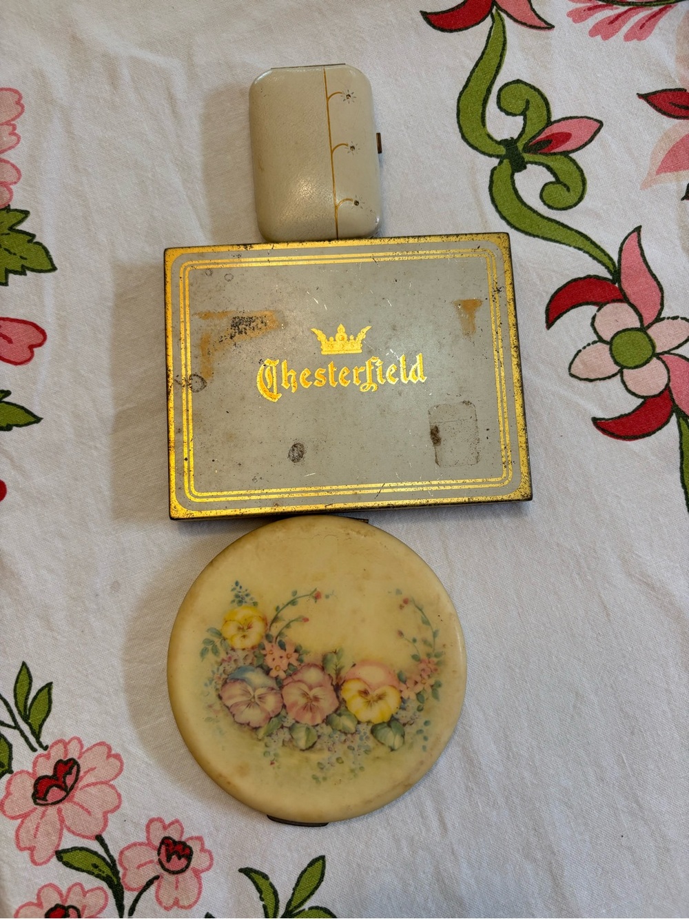 Vintage Chesterfield Cig Tin and Ladies Floral Compact with original powderpuff